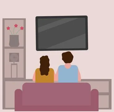 Couple sitting on sofa and watching TV Together in living room. Stock Illustration