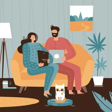 Couple sitting on sofa and working on laptop. Cat Driving or Riding Automatic Stock Illustration