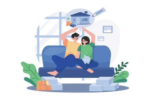 Couple Sitting On The Sofa Thinking About New House Ilustração Stock