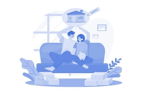 Couple Sitting On The Sofa Thinking About New House Ilustração Stock