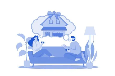 Couple Sitting On The Sofa Thinking About New House Ilustração Stock