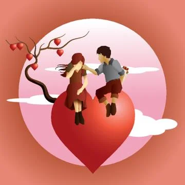 Couple Sitting On Tree Of Hearts Stockillustratie