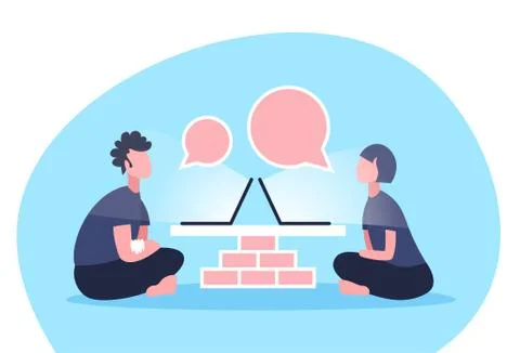 Couple sitting using laptop online video call chat bubble communication concept Stock Illustration