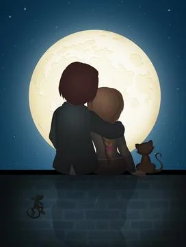 Couple sitting on the wall in the moonlight Stock Illustration