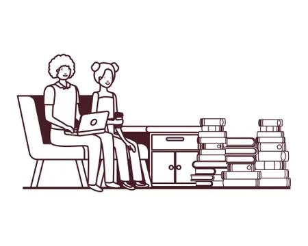 Couple sitting in the work office avatar character Stock Illustration
