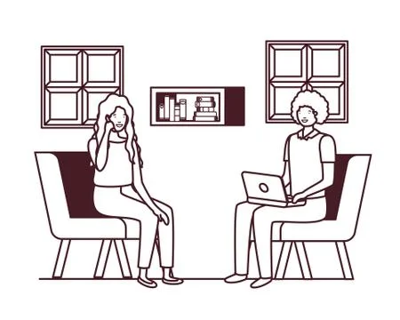 Couple sitting in the work office avatar character Stock Illustration
