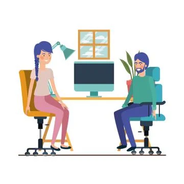 Couple sitting in the work office with white background Stockillustratie