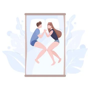 Couple sleep in different position together. Female and male character Ilustración de archivo
