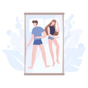 Couple sleep in different position together. Female and male character Ilustración de archivo