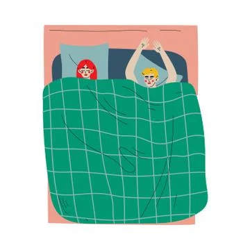 Couple Sleeping in Bed Together Under Blanket, View From Above Vector Ilustração Stock