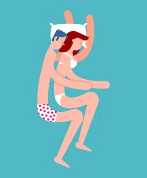 Couple sleeping together in bed, man hugging woman. Love, comfort and intim.. Stock Illustration