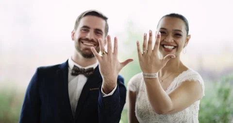 Couple, smile and wedding ring for commitment, love and outdoors or promise and Stock Footage 256771012