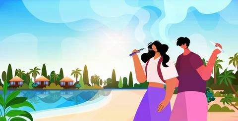 Couple smoking e-cigarettes bad habits unhealthy lifestyle nicotine addiction Stock Illustration
