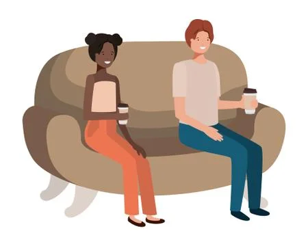 Couple in sofa drinking coffee avatar character Stock Illustration