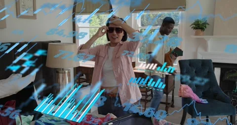 Couple sorting and adjusting AR sunglasses revealing floating travel data while Stock Footage 320415393