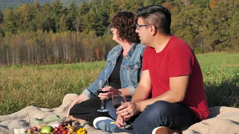 Couple spends quality time together having a picnic outside. Stock Footage 142032125
