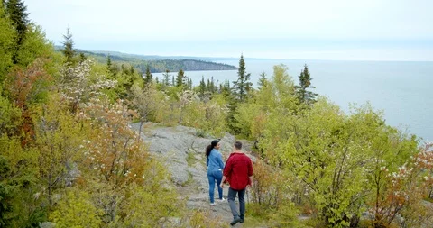 Couple at Split Rock Lighthouse State Park, Aerial Drone Shot 4K Stock Footage 115043050