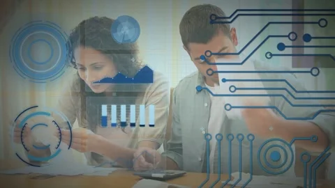 Couple spotting receipts pile, sorting papers, using calculator and reconciling Stock Footage 333463752