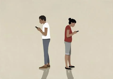 Couple standing back to back, using smart phones on beige background イラスト素材