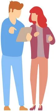 Couple standing with digital tablets and talking. Colleagues discussing work Stock Illustration