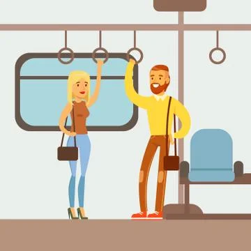 Couple Standing In The Metro Train Car, Part Of People Taking Different Stock Illustration