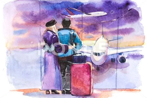 Couple standing near window in airport before boarding Stock Illustration