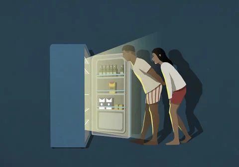 Couple standing at open refrigerator in kitchen at night イラスト素材