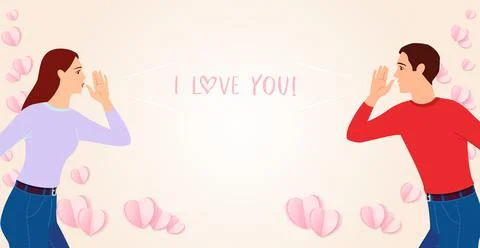 Couple standing separated from each other and shouting i love you Stock Illustration