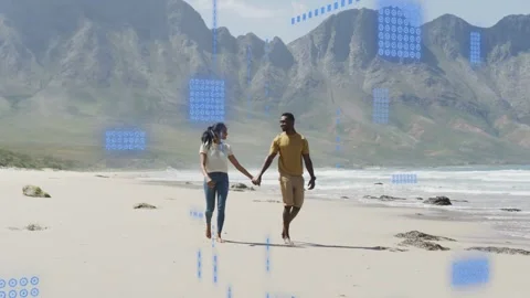 Couple starting walk toward camera holding sandals overlays appearing over pair Vídeo Stock 332592310