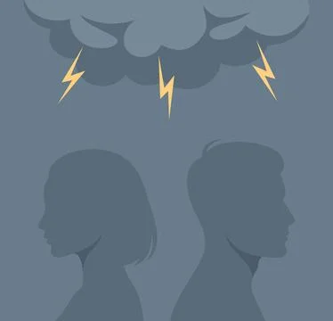 Couple with a storm cloud and lightning above them Stock Illustration