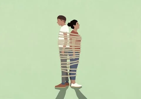 Couple strapped back to back with rope against green background Stock Illustration