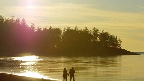 Couple strolling on beach at sunset Stock Footage 87234838