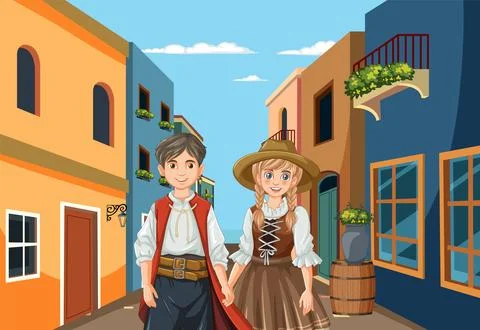 Couple Strolling in Quaint Town Stock Illustration