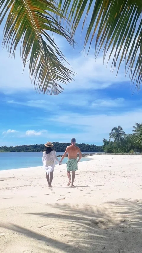 A couple strolls on the beach, hands intertwined, under the vast blue sky Stock Footage 267387182