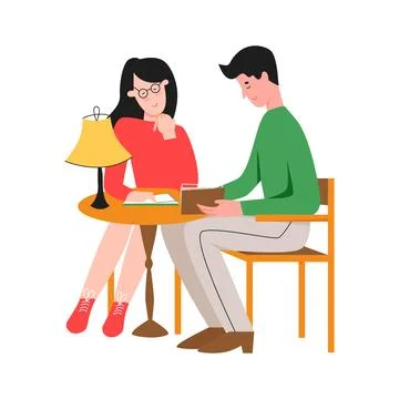 Couple of students sitting at table to study together, guy and girl reading Stock Illustration