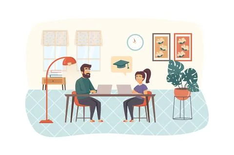 Couple studying using laptop sitting at table in room scene. Man and woman en Illustrazione stock