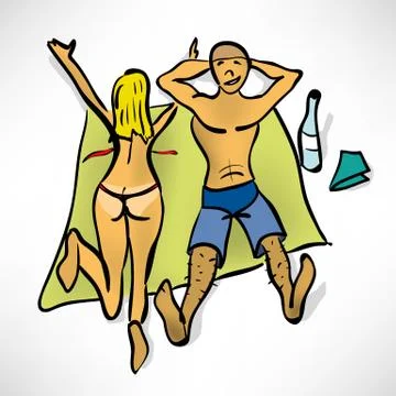 Couple sunbathing on the beach Stock Illustration