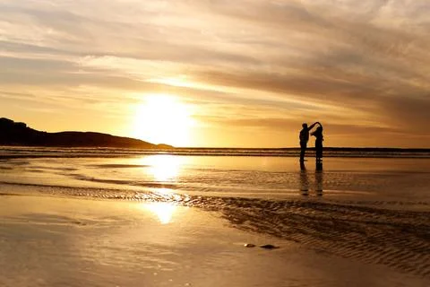 Couple, sunset and dancing by ocean with space for mockup in summer sunshine Stock Photos