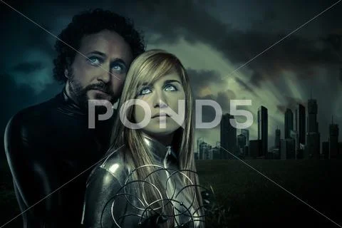 Couple of super heroes of the future, at sunset Stock Photos