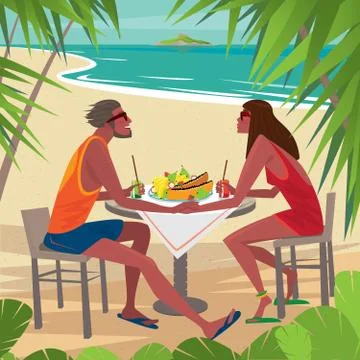 Couple at the table eating breakfast on the beach Ilustração Stock