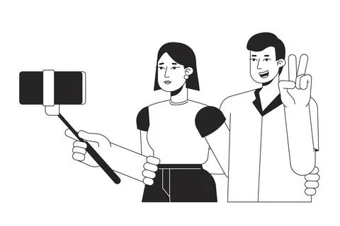 Couple taking selfie bw vector spot illustration Stock Illustration