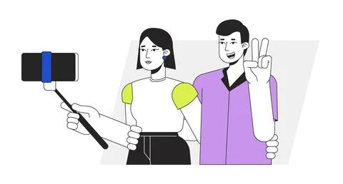 Couple taking selfie flat line vector spot illustration Stock Illustration