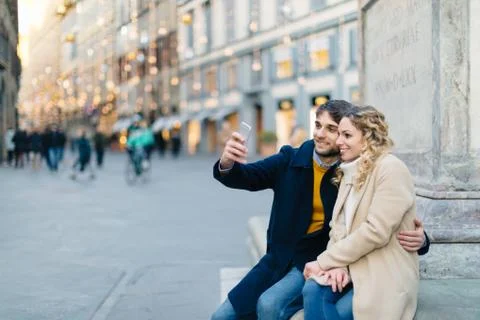 Couple taking selfie at piazza, Firenze, Toscana, Italy Stock Photos