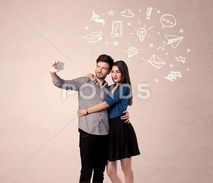 Couple taking selfie with thoughts illustrated Stock Photos