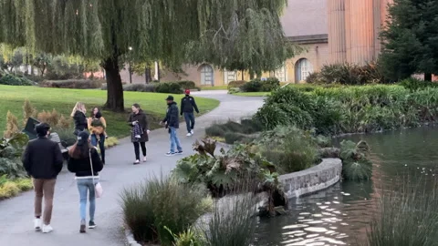 Couple taking a selfie while people walk by Palace of Fine Arts SF Stock Footage 144467631