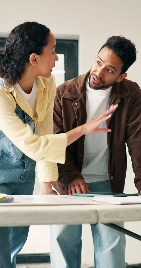 Couple, talking and document at house for renovation, blueprint and interior Stock Footage 340876635