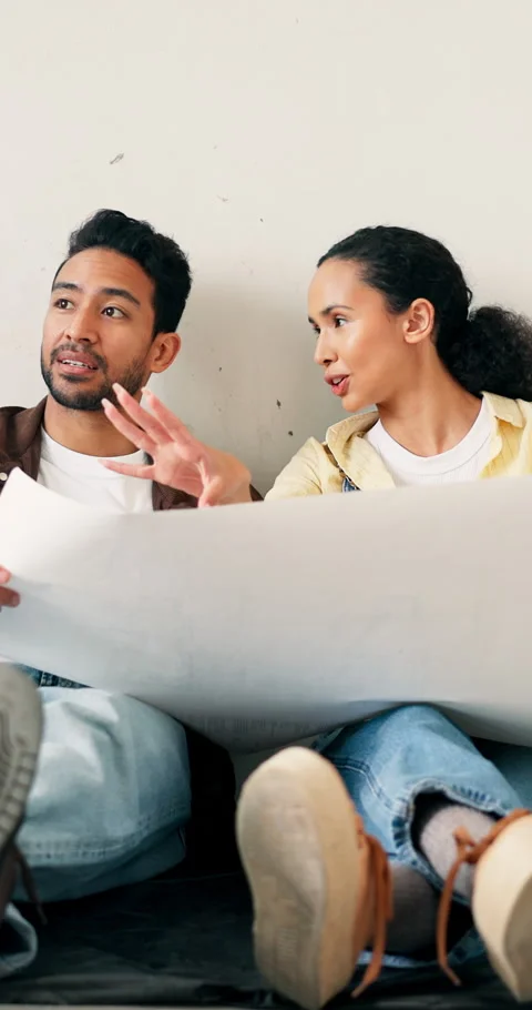 Couple, talking and document at house with blueprint, layout and interior design Stock Footage 340903749