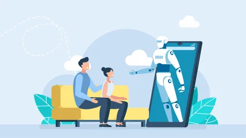 Couple talking with a chatbot. Virtual assistant to get help, ask a question Video stock 263227041