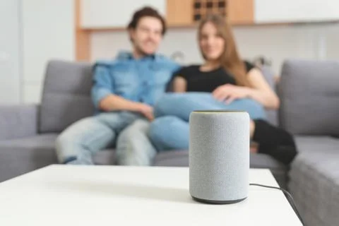 Couple talking command to smart speaker 스톡 사진