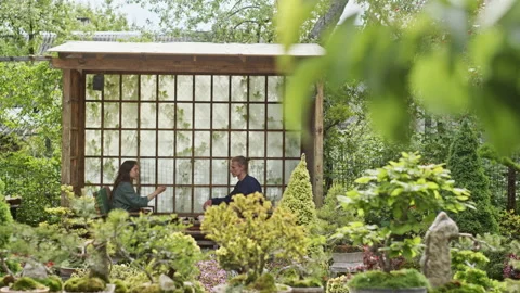 Couple talking during tea ceremony in garden Video stock 220373774